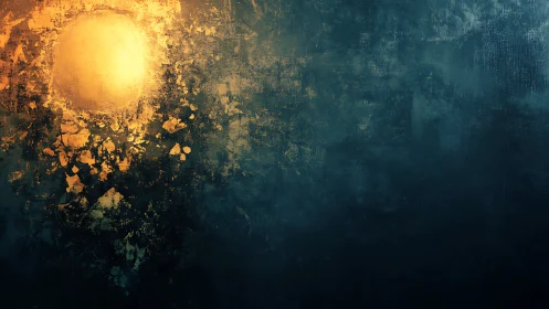 Radiant golden orb dissolving into deep textured teal field.