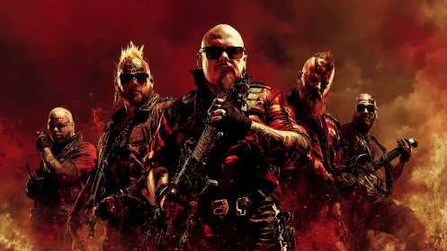 Heavily armed rock band poses in cinematic infernal haze