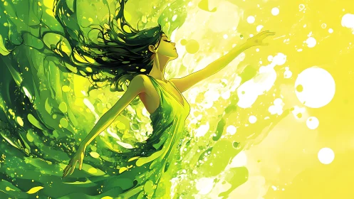 Woman in flowing green dress merges with luminous yellow splash