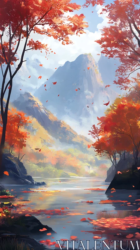 Autumn mountain river valley framed by vivid red foliage.