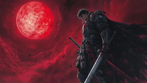 Lone armored swordsman stands beneath a raging crimson sun.