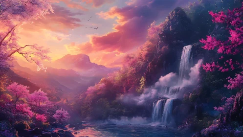 Sunset over pink blossoms and cascading mountain waterfalls.