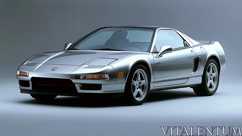 Iconic silver Honda NSX coupe under soft studio lighting.