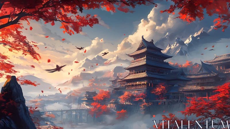 Mountain temple city rises through crimson autumn fog