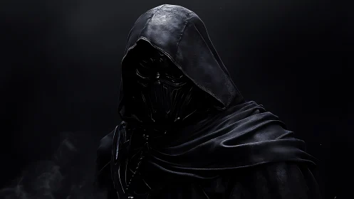 Mysterious hooded figure wrapped in shadowed black armor.