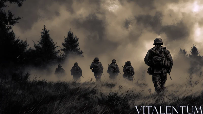 Soldiers advance through misty forest field under storm clouds