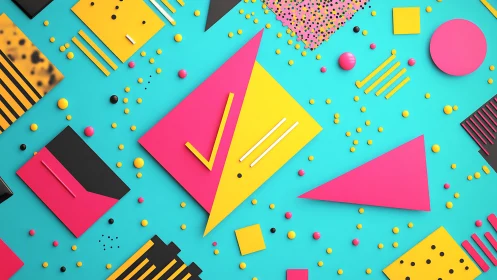 Vibrant geometric memphis layout over cyan backdrop.