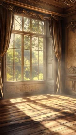 Photorealistic gilded salon with sunlit window grid projection.