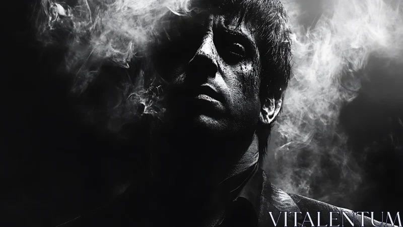 Brooding man in smoke clouded monochrome portrait.