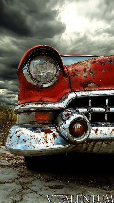 Rusty classic car close-up under stormy dramatic sky.