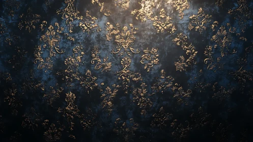 Ornate gold damask shimmer across deep navy ground.