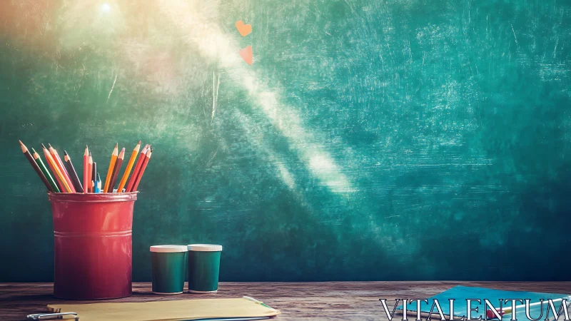 Colored pencils and notebooks are arranged before a chalkboard