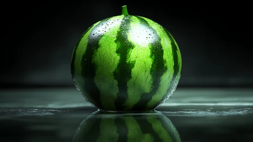 Whole watermelon with water droplets rests on reflective surface