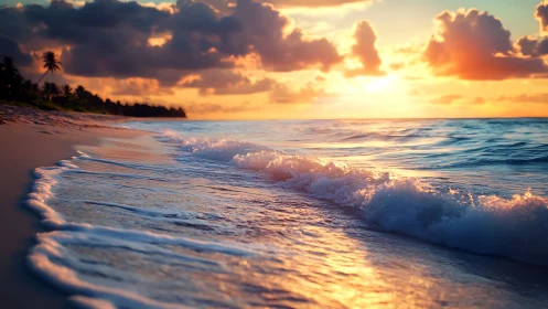 Sunlit surf rolling onto tranquil tropical shoreline at dusk.