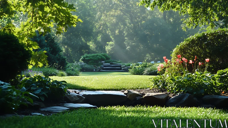 Sunlit garden lawn leads toward stone steps and lush trees