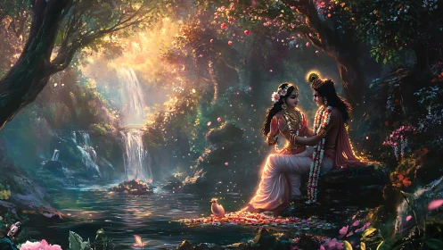 Divine couple by forest waterfall in luminous twilight grove.