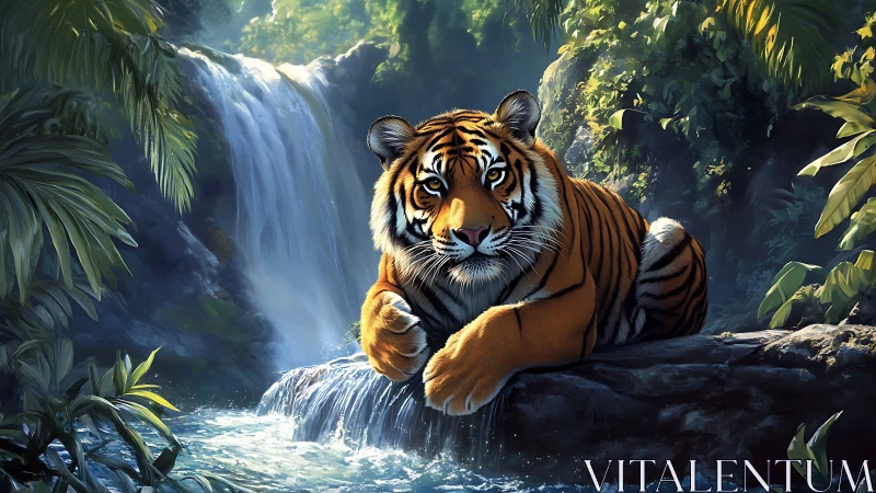 Tiger resting on rock ledge near jungle waterfall scene.