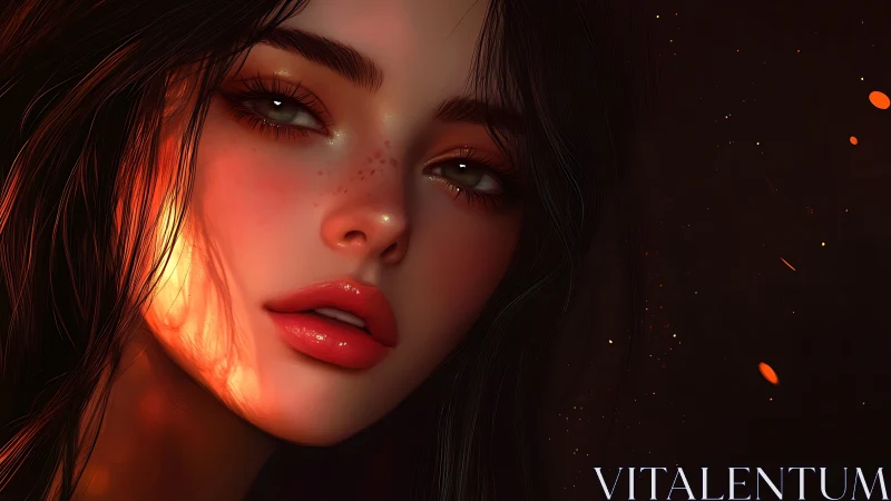 Digital portrait of female face with warm side lighting.