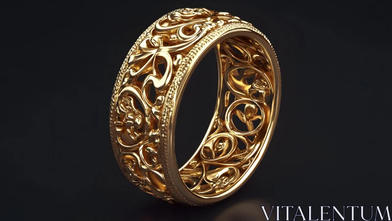Ornate gold ring with intricate floral filigree on dark background.