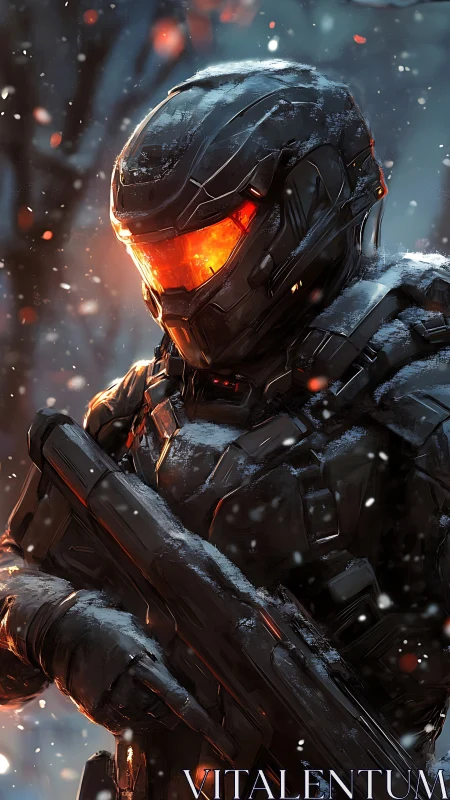 Snowlit cyber soldier standing in a quiet embered storm.