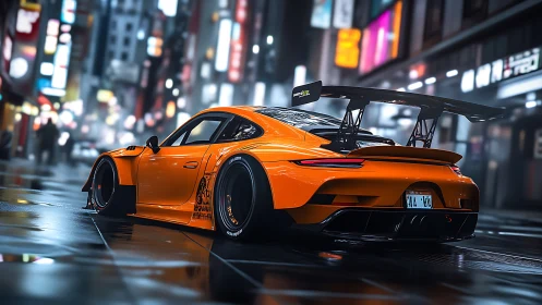 Orange widebody race car cuts through neon city rain.