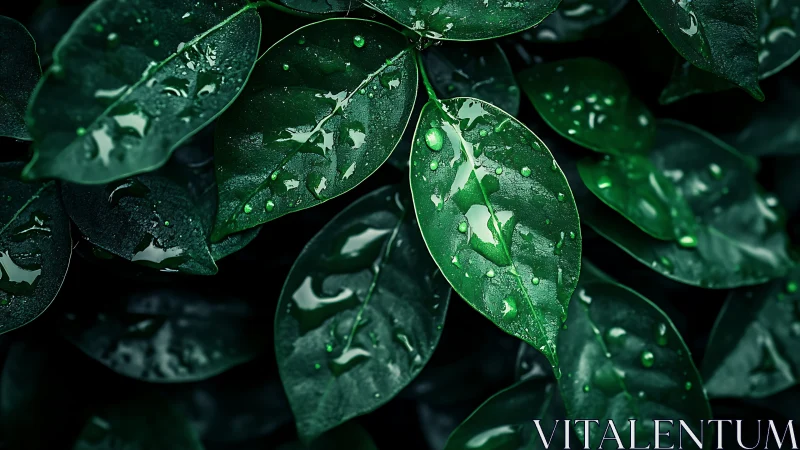 Wet green leaves display water droplets in close-up view