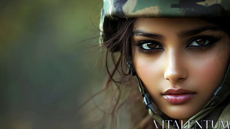 Warrior gaze ignites quiet strength beneath battle helm.