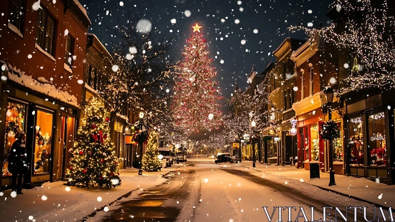 Snowy small-town street wrapped in twinkling Christmas glow.