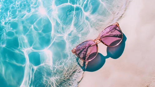 Rose tinted sunglasses resting in sunlit turquoise surf.