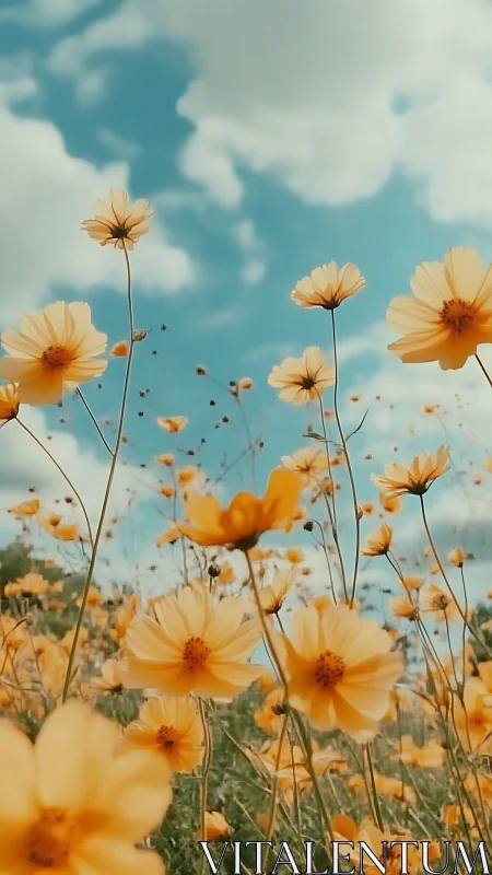 Golden cosmos flowers dancing across a dreamy blue sky.