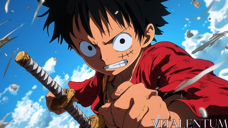 Dynamic anime swordsman surging forward through sky debris.