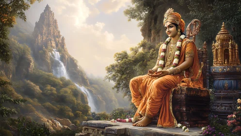 Seated deity figure before mountain waterfall temple setting.