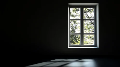 Sunlit window casting sharp shadows into dark interior.