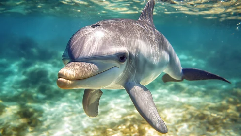 Bottlenose dolphin swimming in clear shallow seawater.