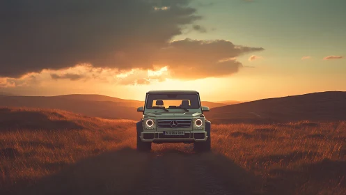 Photorealistic SUV front view in cinematic sunset landscape.