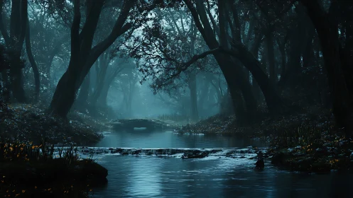 Ethereal Forest Stream Under Arching Canopy with Misty Atmosphere.