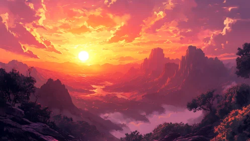 Radiant volcanic canyon sunset rendered in cinematic digital art