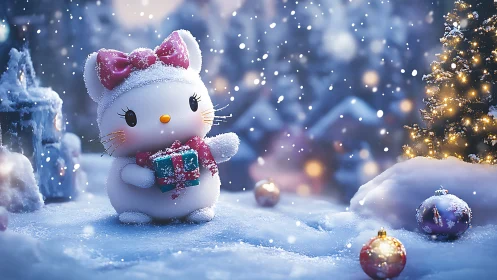 Snowy kawaii cat figurine holding gift in luminous winter scene