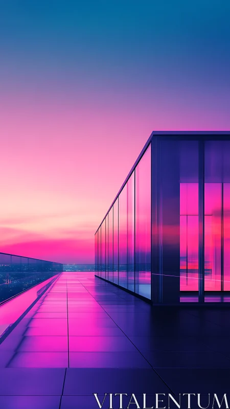 Neon rooftop corridor bathing glass towers in cotton-candy dusk.