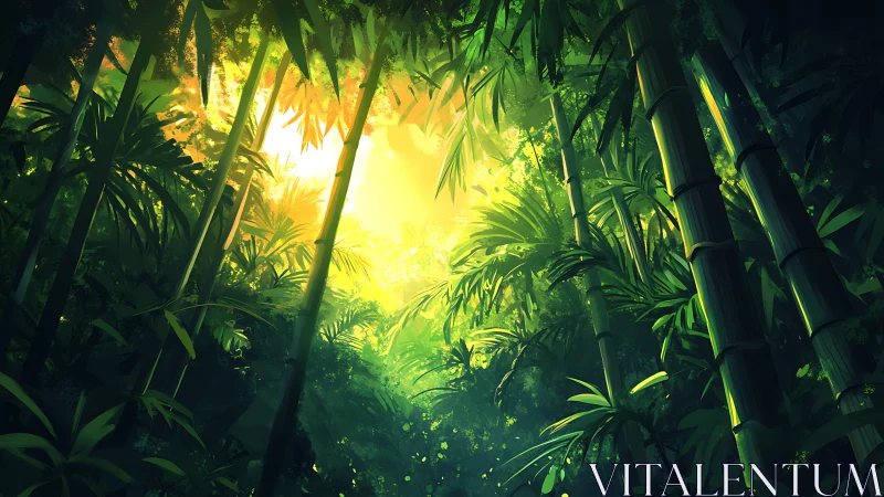 Sunlit bamboo jungle glows with lush, dreamlike stillness