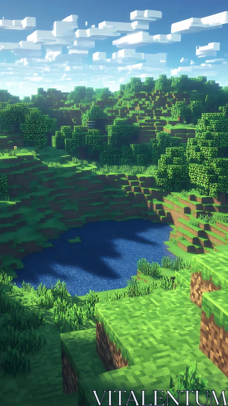 Voxel hillside lake glows under bright pixelated daylight