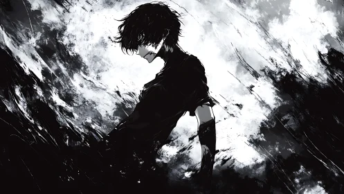 Solitary anime figure stands amid swirling monochrome storm