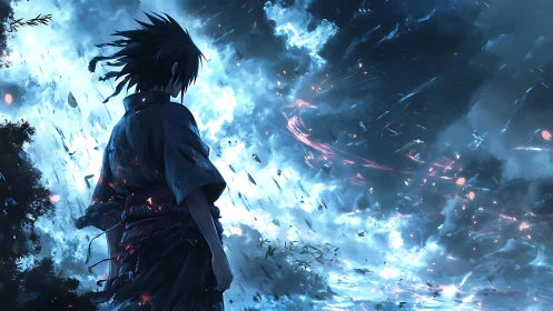 Storm-wreathed swordsman gazes into a crackling cosmic tempest.