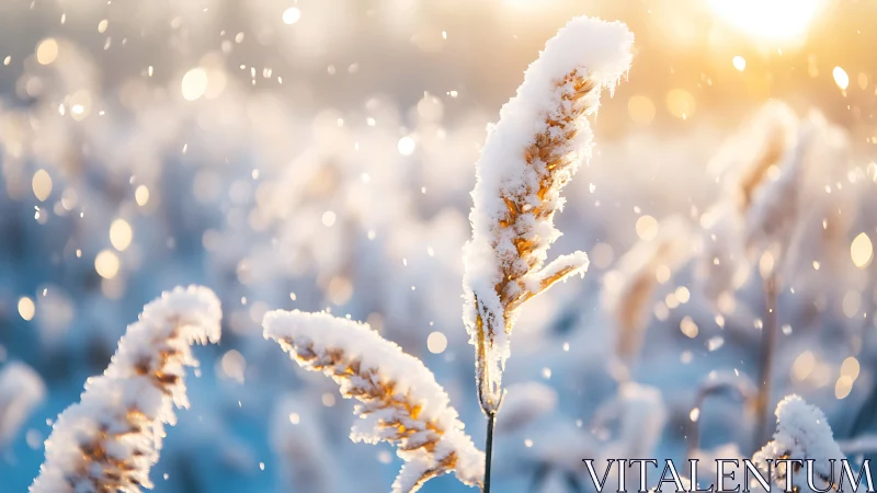 Backlit frosted grasses in shallow depth winter field study.