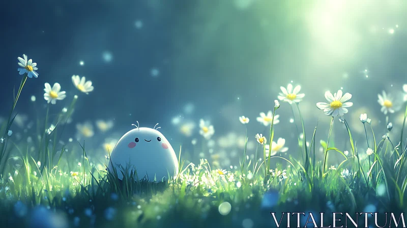 Round white character in soft-lit meadow with daisies.