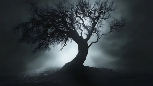 Solitary twisted tree stands against strong backlit fog