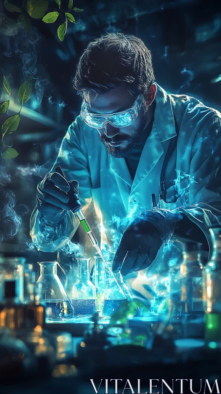 Neon-lit scientist conducts glowing alchemical experiment in lab.