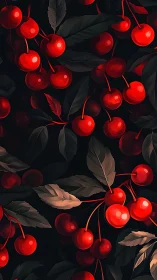 Crimson cherries glow against midnight leaves in velvety shadow.