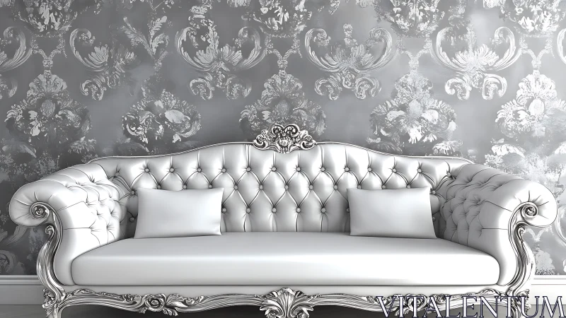Luxurious white tufted sofa set against ornate silver wall