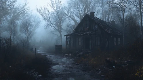 Fog-drenched abandoned house with decayed siding and muddy access path